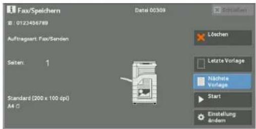 Fax/Speichern Datei 00309 10123456789 Auftragart: Fax/Senden Seiten: 1 Standard (200 x 100 dpi) A4 Löchen Letzte Vorlage Nächte Vorlage Start Einstellung ändern
