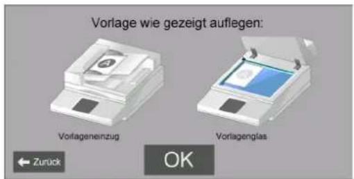 Vorlage wie gezeigt auflegen: Vorlagenerzug Vorlagenglas Zurück OK