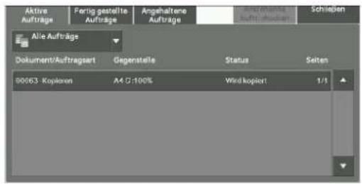 Aktive Aufträge Fertig gestellte Aufträge Angehaltene Aufträge Schließen Aktiva Aufträge Dokument/Auftragsart Gegenstelle Status Seiten 0063-Koploven AA 0:100% Wirk kopiert 1/1