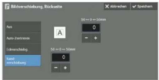 Bildverschiebung, Rückseite Abbrechen Speichern Aus Auto-Zentrieren Eckverschiebog Rand verschiebung 50 ↔ 0 ↔ 50mm 0 - 50 ↔ 0 ↔ 50mm 0 - +