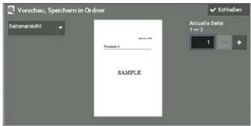 Vorschau, Speichern in Ordner Seitennansicht Sample 1 SAMPLE Aktuelle Seite 1 = 3 Schließen