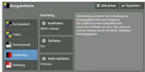 Ausgabefarbe Automatisch Farbe Schwarzweiß Zweltfarbig Einfarbig Zweltfarbig Quelfarbe Nicht schwarz Zielfarbe Rat Nicht-Zielfarbe Schwarz Abbrechen Speichern Zweltfarbig gestattet die Aufteilung der Vorlagenfarben in zwei Gruppen. Die Quelfarbe wird erklahert und durch die Zielfarbe erwartet. Als anderen Farben werden durch die Nicht-Zielfarbe wiedersgegeben