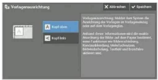 Vorlagenausrichtung Kopf oben Kopf links Abhand dieser Informationen wird die sonstige Anschreibung des Bilder auf dem Papier bestimmt, einem Funktionen wie Börsicherung, Kondarbeinigung, Mehrzuschutzern, Börschuldzahlung. Textfeld und Broschüre aktiviert sind.