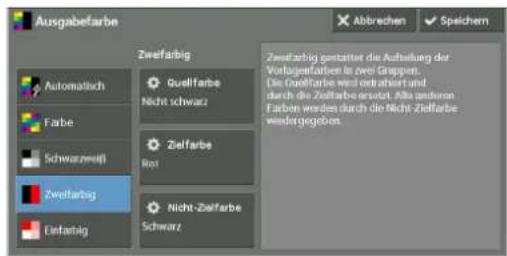 Ausgabelfarbe Automatisch Farbe Schwarzzweiß Zweißfarbig Einbarbig Zweißfarbig Quellfarbe Nicht schwaz Zielfarbe Rot Nicht-Zielfarbe Schwarz Abbrechen Speichern Zweißfarbig fortattet die Aufteilung der Vorlagenflüssen in zwei Gruppen. Die Quellfarbe wird ertrahort und durch die Zielfarbe erzeugt. Als anderen Farben werden durch die Nicht-Zielfarbe weitergegeben.