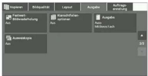 Kopieren Bildqualität Layout Ausgabe Auftrags- erstellung Festwert- Bildwiederholung Aus Kursichtfolien- optionen Aus Ausgabe Auto Mittleres Fach Auswreiskopie Aus 2/2