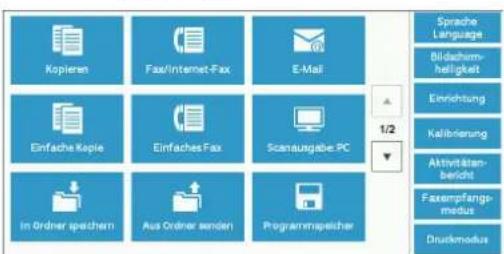 Kopieren Fax/Internet-Fax E-Mail Sprache Language Bildafshum- helligkeit Einrichtung Kellbrinierung Aktivitäten- bericht Faxempfangs- medus Druckmodus 1/2 Einfache Kopie Einfaches Fax Scanausgabe PC In Ordner speichern Aus Ordner senden Programmesischer