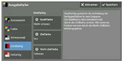 Ausgabefarbe Zwefarbig Automatisch Farbe Schwarzweiß Zwefarbig Einfarbig Quellfarbe Nicht schwarz Zelfarbe Bet Nicht-Zelfarbe Schwarz Abbrechen Speichern Zwefarbig gestartet die Aufteilung der Vorlägerfarbes in zwei Gruppen. Die Quellfarbe wird erdrahiert und durch die Zielfarbe erstellt. Als anderer Farben werden auch die Nicht-Zielfarbe eindergegeben.