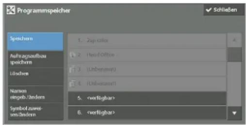 Programmspeicher Speichern Auftragsaufbau speichern Löschen Namen eingeb/ändern Symbol zure-tem/ändern 1. Zip cika 2. Head Office 3. (Unbysen) 4. (Unbysen) 5. 6.