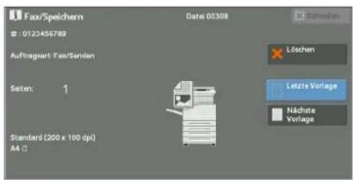 Fax/Speichern 10123456789 Auftragart Fax/Senden Seiten: 1 Standard (200 x 100 dpi) A4 C Date: 00308 Löschen Letzte Vorlage Nächste Vorlage