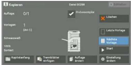Kopieren Auflage: 0/1 Vorlagen: 1 (A4 €) Schwarzweiß 100% Sortiert Kapitelanfang Trennbätter einfügen Probenzemplatur Löschen Letzte Vorlage Nächste Vorlage Start Einstellung ändern Datei 00298