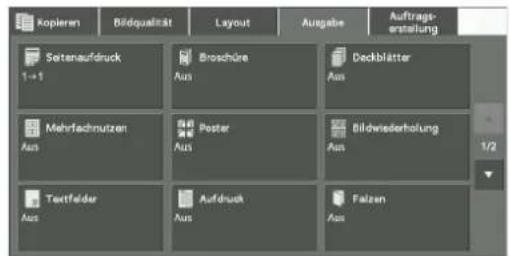 Kopieren Bildqualität Layout Ausgabe Auftrags- erstellung Setenaufdruck 1+1 Broschüre Aus Deckblätter Mehrfachnutzen Aus Poster Aus Bildwiederholung Aus Textfelder Aus Aufdruck Aus Falzen Aus