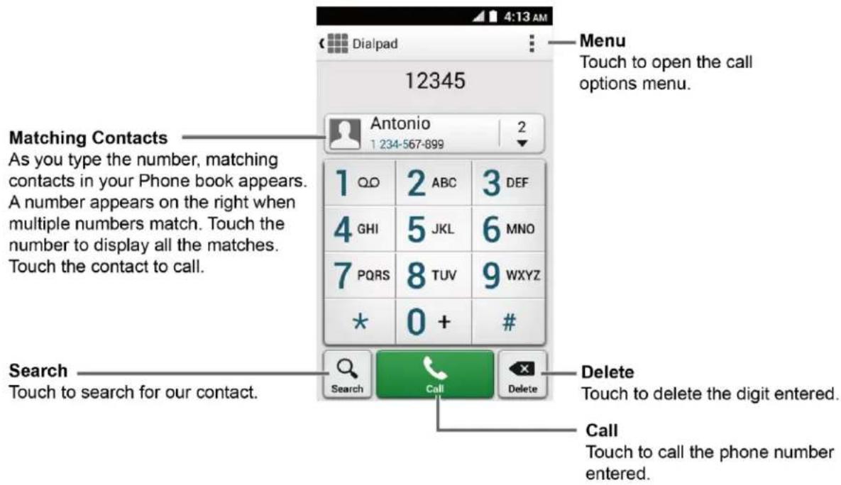 12345 Dialpad Menu Touch to open the call options menu. Matching Contacts As you type the number, matching contacts in your Phone book appears. A number appears on the right when multiple numbers match. Touch the number to display all the matches. Touch the contact to call. Search Touch to search for our contact. 1 QO 2 ABC 3 DEF 4 GHI 5 JKL 6 MNO 7 PQRS 8 TUV 9 WXYZ * 0 + # Search Call Delete Call Touch to delete the digit entered. Call Touch to call the phone number entered.
