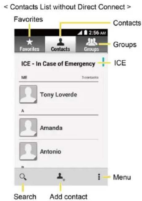 < Contacts List without Direct Connect > Favorites Contacts Contacts Groups 2:56 AM Favorites Contacts Groups ICE - In Case of Emergency ME 3 contacts Tony Loverde A Amanda Antonio Menu Search Add contact