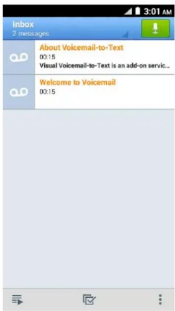 Inbox 2 messages About Voicemail-to-Text 00:15 Visual Voicemail-to-Text is an add-on servic... Welcome to Voicemail 00:15