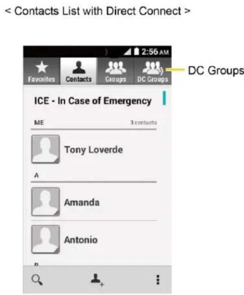 < Contacts List with Direct Connect > Favorites Contacts Groups DC Groups ICE - In Case of Emergency ME 3 contacts Tony Loverde A Amanda Antonio