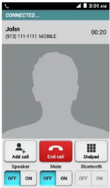 CONNECTED... John (913) 111-1111 MOBILE 00:20 Add call End call Dialpad Speaker Mute Bluetooth OFF ON OFF ON OFF ON