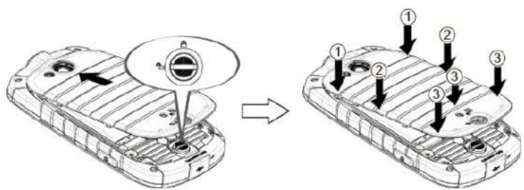 Diagram showing a vehicle battery casing with labeled components and an arrow indicating assembly or repair.