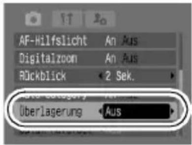 AF-Hilfslicht An Aus Digitalzoom An Aus Rückblick 2. Sek. Überlagerung Aus