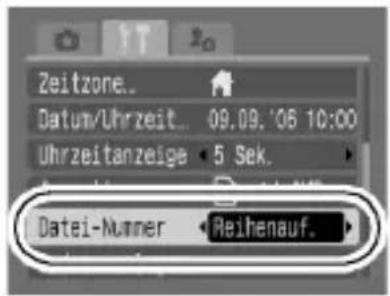 Zeitzone.. Datum/Uhrzeit.. 09.09. '06 10:00 Uhrzeitanzeige • 5 Sek. Datei-Nummer • Reihenauf.