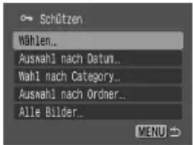 Schützen Wählen... Auswahl nach Datum... Wahl nach Category... Auswahl nach Ordner... Alle Bilder... MENU