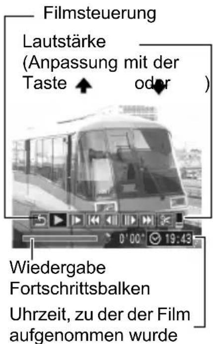 Filmsteuerung Lautstärke (Anpassung mit der Taste ↑ oder ) Wiedergabe Fortschrittsbalken Uhrzeit, zu der der Film aufgenommen wurde