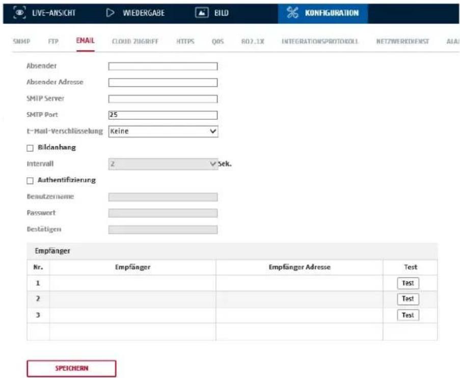 LIVE-ANSICHT WEDERGABE BILD KONFIGURATION SNMP FTP EMAIL CLOUD ZUGRIFF HTTPS QOS 802.1X INTEGRATIONSPROTOKOLI NETZWERKDEMST AIAI Absender Absender Adresse SMTP Server SMTP Port 25 E-Mail-Verschlüsselung Keine □ Bildanhang Intervall 2 Sek. □ Authentifizierung Debutzername Password Bestätigen Empfänger Nr.Empfänger Empfänger Adresse ultimately Test 1 Test 2 Test 3 Test SPEICHERN
