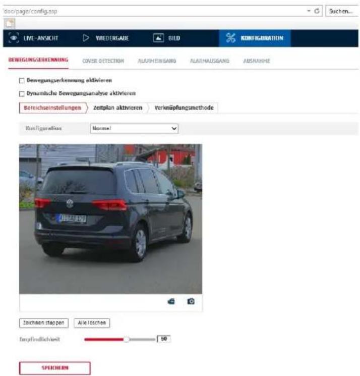 disc/page/config.asp LIVE-ANSICHT WIEDERGABE BILD KONFIGURATION BENEGUNG/SERKENNUNG COVER DETECTION ALARMETHSANG ALARMMAUSGANG AUSNANHE □ Bewegungserkennung aktivieren □ Dynamische Bewegungsanalyse aktivieren Bereichseinstellungen Zeitplan aktivieren Verknüpfungsmethode Konzfiguration Norme! Zeichnen stoppen Alle loschen Empfindlichkeit 50 SPEICHERN