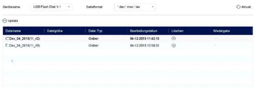 Gerätename USB Flash Disk 1-1 Dataformat *dav;*mav;*jav Aktuali... Updates Datename Dategröße Datei Typ Bearbeitungsdatum Löschen Wiedergabe □Dec_04_2019(11_42) Ordner 04-12-2019 11:42:10 □Dec_04_2019(11_49) Ordner 04-12-2019 12:58:35
