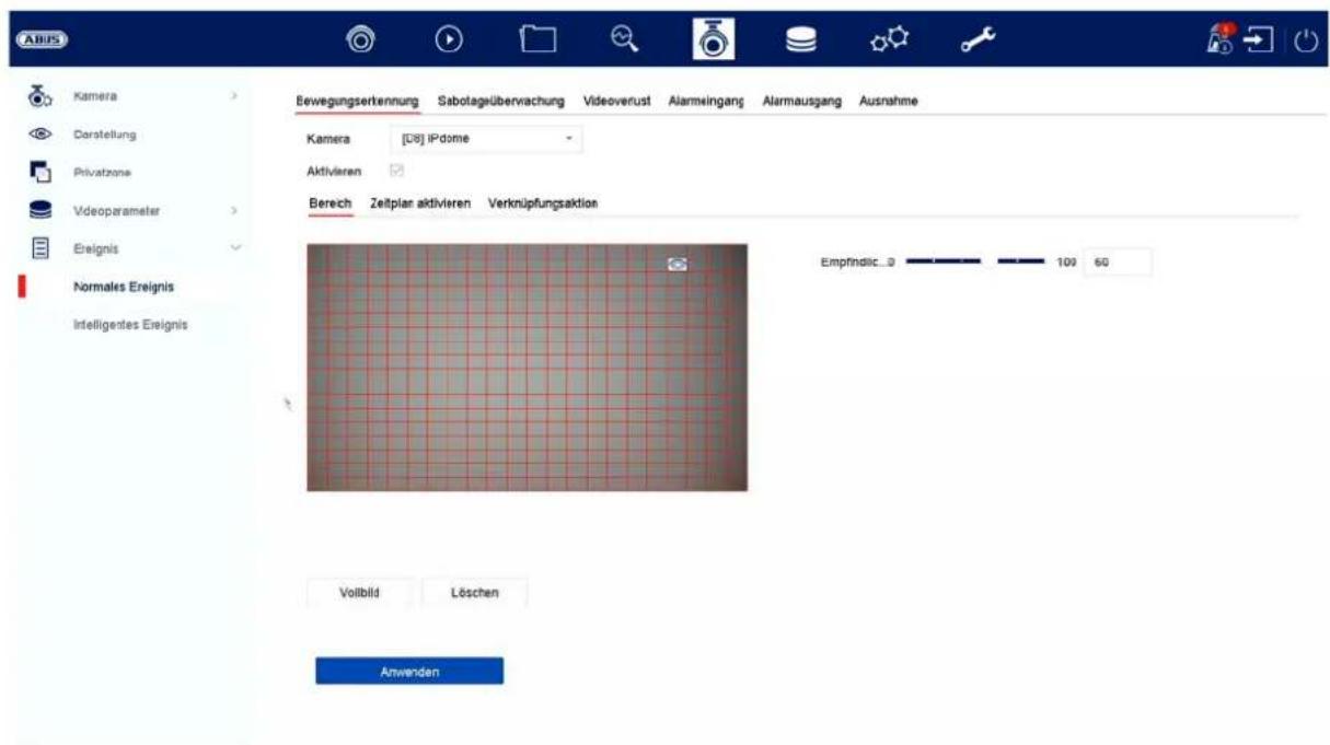 ADUS Kamera Corstellung Privatzone Vdeoparameter Ereignis Normales Ereignis Intelligentes Ereignis Bewegungserkennung Sabolagübergvachung Videoverust Alarmeingang Alarmausgang Ausnahme Kamera [D8] iPdome Aktivieren Berech Zeitplan aktivieren Verknüpfungsaktion Empfindlic_3 109 60 Volibild Löschen Anwenden