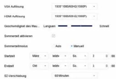 VGA Auflösung 1920°1080/60HZ(1080P) HDMI Auflösung 1920°1080/60HZ(1080P) Geschwindigkeit des Mau... Langsam Schnell Sommerzeit aktivieren Sommerzeitmodus Auto Manuell Startzeit März letzte Sc. 2 00 Endzeit Okt letzte Sc. 3 00 SZ-Verschiebung 60 Minuten