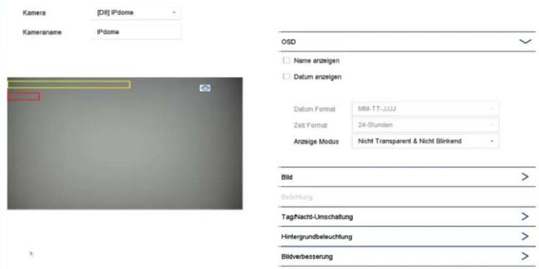 Kamera [D8] IPdome Kameraname IPdome OSD Name anzeigen Datum anzeigen Datum Format MM-TT-JJJJ Zeit Format 24-Stunden Anzeige Modus Nicht Transparent & Nicht Blinkend Bild > Belichtung Tag/Nacht-Umschaftung > Hintergrundbeleuchtung > Bildverbesserung >