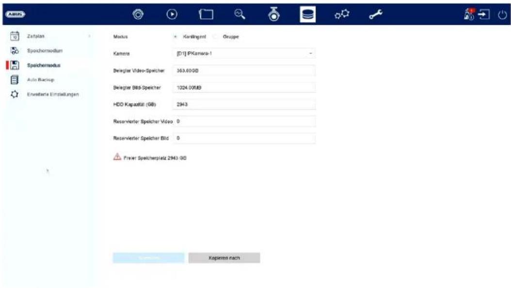 Zahlplan Speichormodium Speichermodus Auto Backup Enstellene Einstellungen Modus Keringent Gruppe Kamera [D1] PKamera-1 Belegter Video-Speicher 363.00GB Belegter Bild-Speicher 1024.00MB HDD Kapazfall (GB) 2943 Reservierter Speicher Video 0 Reservierter Speicher Bild 0 Freier Speicherplatz 2943-9G Kapieren nach