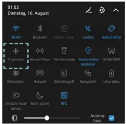 01:52 Dienstag, 16. August WLAN Bluetooth Mobile Daten Lautios Auto-Drehen Flugmodus Huswei Share Taschenlampa Standortinformationen Screenshot Sehkomfort Hotspot Schnellzugriff Spiegebild Ultra-Akku Bildschirmaufnahme Nicht stören NFC Autona-tisci