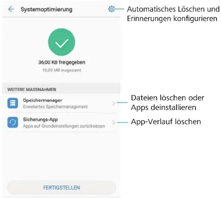 Systemoptimierung 36,00 KB freigegeben 10,09 MB insgesamt Weitere MASSNAHMEN Speichermanager Erweitertes Speichermanagement Sicherungs-App Apps auf Grundeinstellungen zurücksehen FERTIGSTELLEN Automatisches Löschen und Erinnerungen konfigurieren Dateien löschen oder Apps deinstallieren App-Verlauf löschen