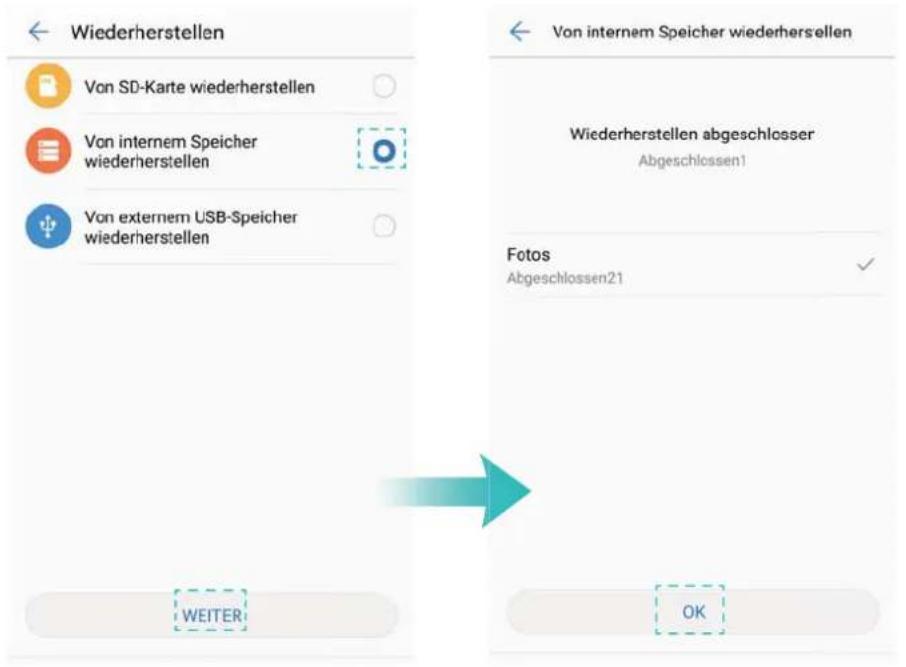 Wiederherstellen Von SD-Karte wiederherstellen Von internem Speicher wiederherstellen Von externem USB-Speicher wiederherstellen WEITER Von internem Speicher wiederhersellen Wiederherstellen abgeschlosser Abgeschlossen1 Fotos Abgeschlossen21 OK