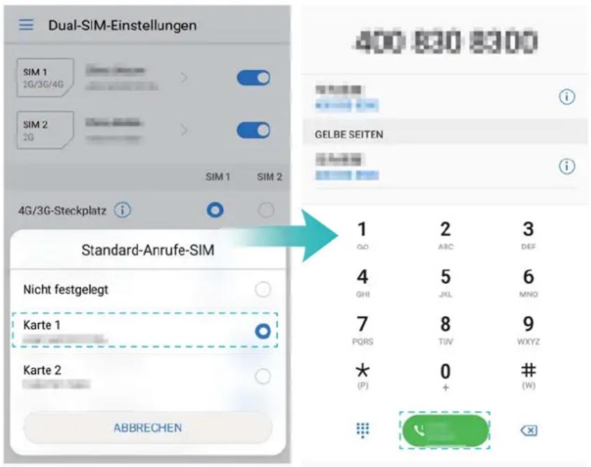 Dual-SIM-Einstellungen SIM 1 2G/3G/4G SIM 2 2G SIM 1 SIM 2 4G/3G-Steckplatz i Standard-Anrufe-SIM Nicht festgelegt Karte 1 Karte 2 ABBRECHEN 400 830 8300 GELBE SEITEN 1 2 3 GO ABC DEF 4 5 6 GHI JKL MNO 7 8 9 PQRS TUV WXYZ * 0 # (P) + (W) ×