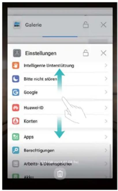 Galerie Einstellungen Intelligente Unterstützung Bitte nicht stören Google Huawei-ID Konten Apps Berechtigungen Arbeits- & Datenspeicher Akku