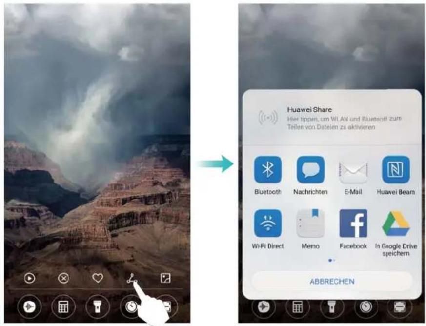 Huawei Share Hier tippen, um WLAN und Bluetooth zum Teilen von Dateien zu aktivieren Bluetooth Nachrichten E-Mail Huawei Beam WiFi Direct Memo Facebook In Google Drive speichern ABBRECHEN