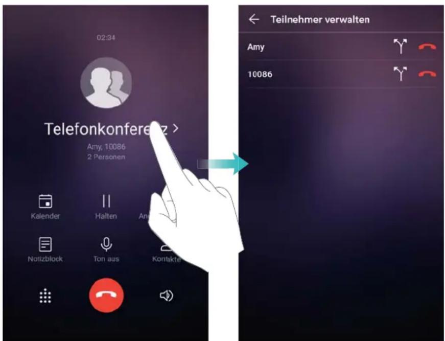 02:34 Telefonkonferenz > Amy, 10086 2 Personen Kalender Halten An Notizblock Ton aus Kontakte Teilnehmer verwalten Amy 10086