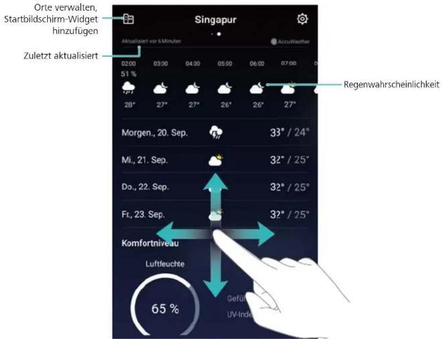 Orte verwalten, Startbildschirm-Widget hinzufügen Zuletzt aktualisiert Singapur Aktualisiert vor 6-Minuten AccuWeather 02:00 03:00 04:00 05:00 06:00 07:00 51% 28° 27° 27° 26° 26° 27° Morgen., 20. Sep. 33° / 24° Mi., 21. Sep. 32° / 25° Do., 22. Sep. 32° / 25° Fr., 23. Sep. 32° / 25° Komfortniveau Luftleuchte Gefüllt UV-Inde 65%