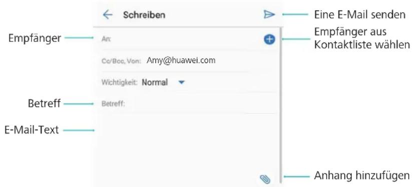 Schreiben Empfänger Ar: Co/Boo,Von: Amy@huawei.com Wichtigkeit: Normal Betreff: E-Mail-Text Eine E-Mail senden Empfänger aus Kontaktliste wählen Betreff: Anhang hinzufügen