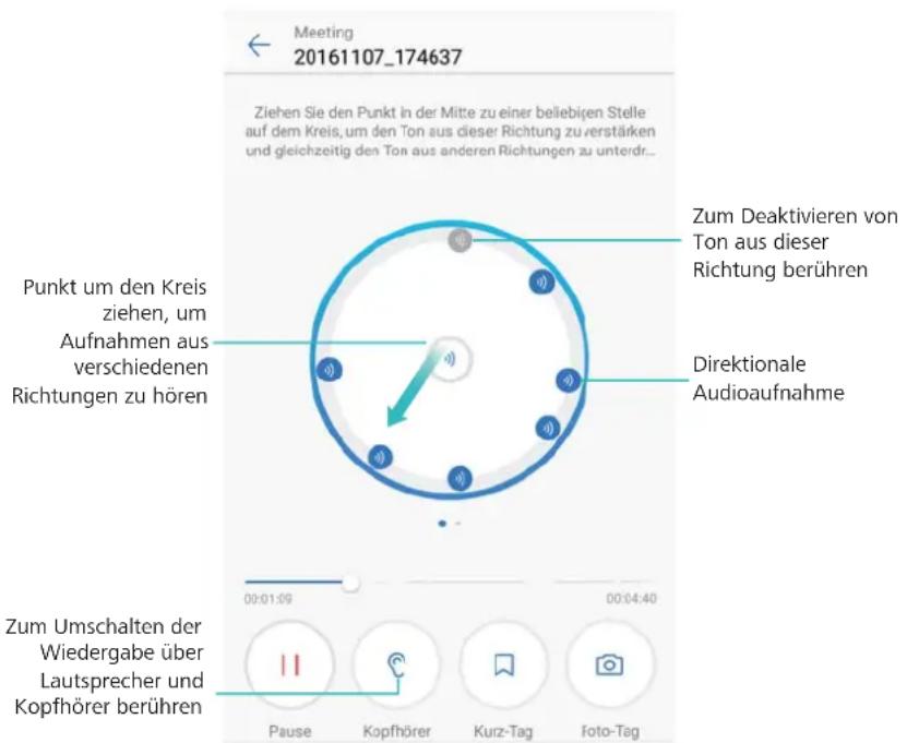 Meeting 20161107_174637 Ziehen Sie den Punkt in der Mitte zu einer beliebigen Stelle auf dem Kreis, um den Ton aus dieser Richtung zu verstärken und gleichzeitig den Ton aus anderen Richtungen zu unterdr... Punkt um den Kreis ziehen, um Aufnahmen aus verschiedenen Richtungen zu hören Zum Deaktivieren von Ton aus dieser Richtung berühren Direktionale Audioaufnahme Zum Umschalten der Wiedergabe über Lautsprecher und Kopfhörer berühren Pause Kopfhörer Kurz-Tag Foto-Tag