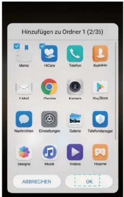 Hinzufügen zu Ordner 1 (2/35) Memo HiCare Telefon Kořakte E-Mail Chrome Kamera PlayStore Nachrichten Einstellungen Galerie TelefonManager Designs Musk Videos Hitame ABBRECHEN OK
