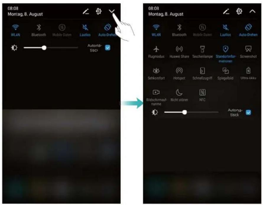 08:08 Montag, 8. August WLAN Bluetooth Mobile Daten Lautlos Auto-Drehen Autona- tischl 08:08 Montag, 8. August WLAN Bluetooth Mobile Daten Lautlos Auto-Drehen Flugmodus Huawei Share Taschenlampe Standportinfor- mationen Screenshot Sehkonfort Hotspot Schneltzugriff Spliegelbild Ultra-Akku Bildschirmauf- nanme Nicht störn NFC Autona- tischl
