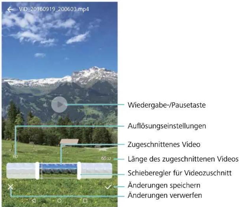 VID_20160919_200603.mp4 Wiedergabe-/Pausetaste Auflösungseinstellungen Zugeschnittenes Video Länge des zugeschnittenen Videos Schieberegler für Videozuschnitt Änderungen speichern Änderungen verwerfen