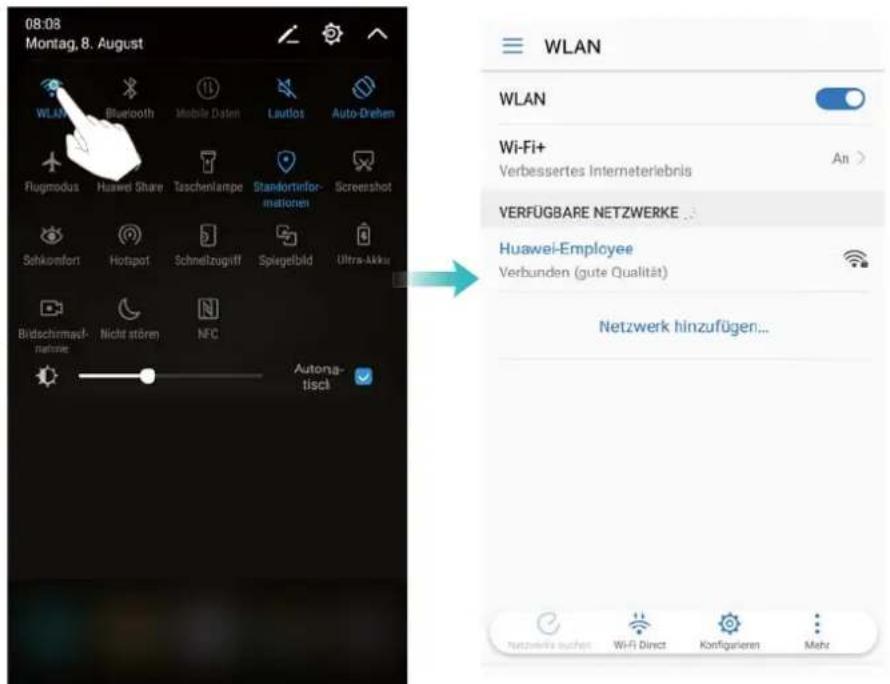08:08 Montag, 8. August WLAN Bluetooth Mobile Daten Lautlot Auto-Drehen Flugmodus Huawei Share Tsachenlampe Standortinformationen Screenshot Selkomfort Hotspot Schnelzugliff Spiegelbild Ultra-Akkur Bridschirmadnahme Nicht stören NFC Autona-tiscl WLAN Wi-Fi+ Verbessertes Interneteriebris An > VERFÜGBARE NETZWERKE ... Huawei-Employee Verbunden (gute Qualität) Netzwerk hinzufügen... Netzwerk durchs WiFi Direct Konfigerien Mehr