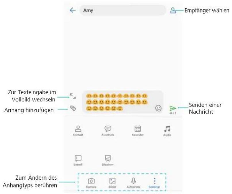 Amy Empfänger wählen Zur Texteingabe im Vollbild wechseln Anhang hinzufügen Senden einer Nachricht Kontakt Ausdruck Kalender Audio Betreff Dishow Zum Ändern des Anhangtyps berühren Kamera Bilder Aufnahme Sonstige