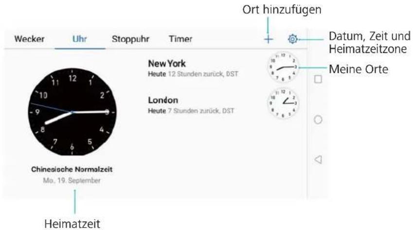 Wecker Uhr Stoppuhr Timer Ort hinzufügen New York Heute 12 Stunden zurück, DST London Heute 7 Stunden zurück, DST Chinesische Normalzeit Mo., 19. September Heimatzeit Datum, Zeit und Heimatzeitzone Meine Orte