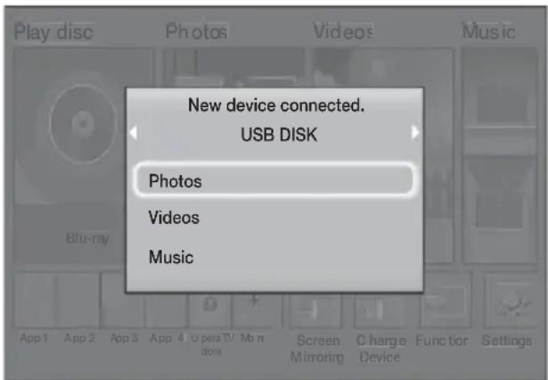 New device connected. USB DISK Photos Videos Music