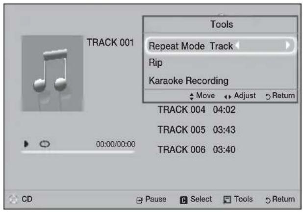 TRACK 001 Tools Repeat Mode Track Rip Karaoke Recording Move Adjust Return TRACK 004 04:02 TRACK 005 03:43 TRACK 006 03:40 CD Pause Select Tools Return